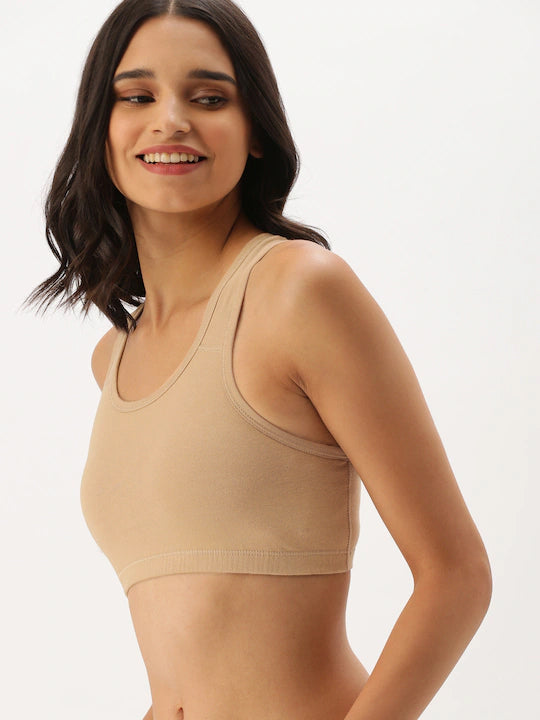 Beige Solid Non-Wired Non Padded Sports Bra