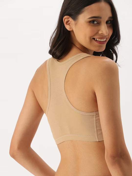 Beige Solid Non-Wired Non Padded Sports Bra